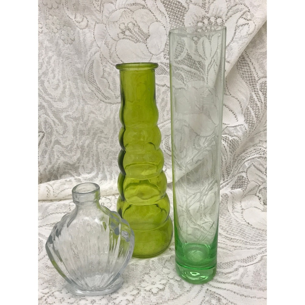 Vintage Green & Clear Glass Vase Set, 3Vases Etched Wedding Centerpiece #5